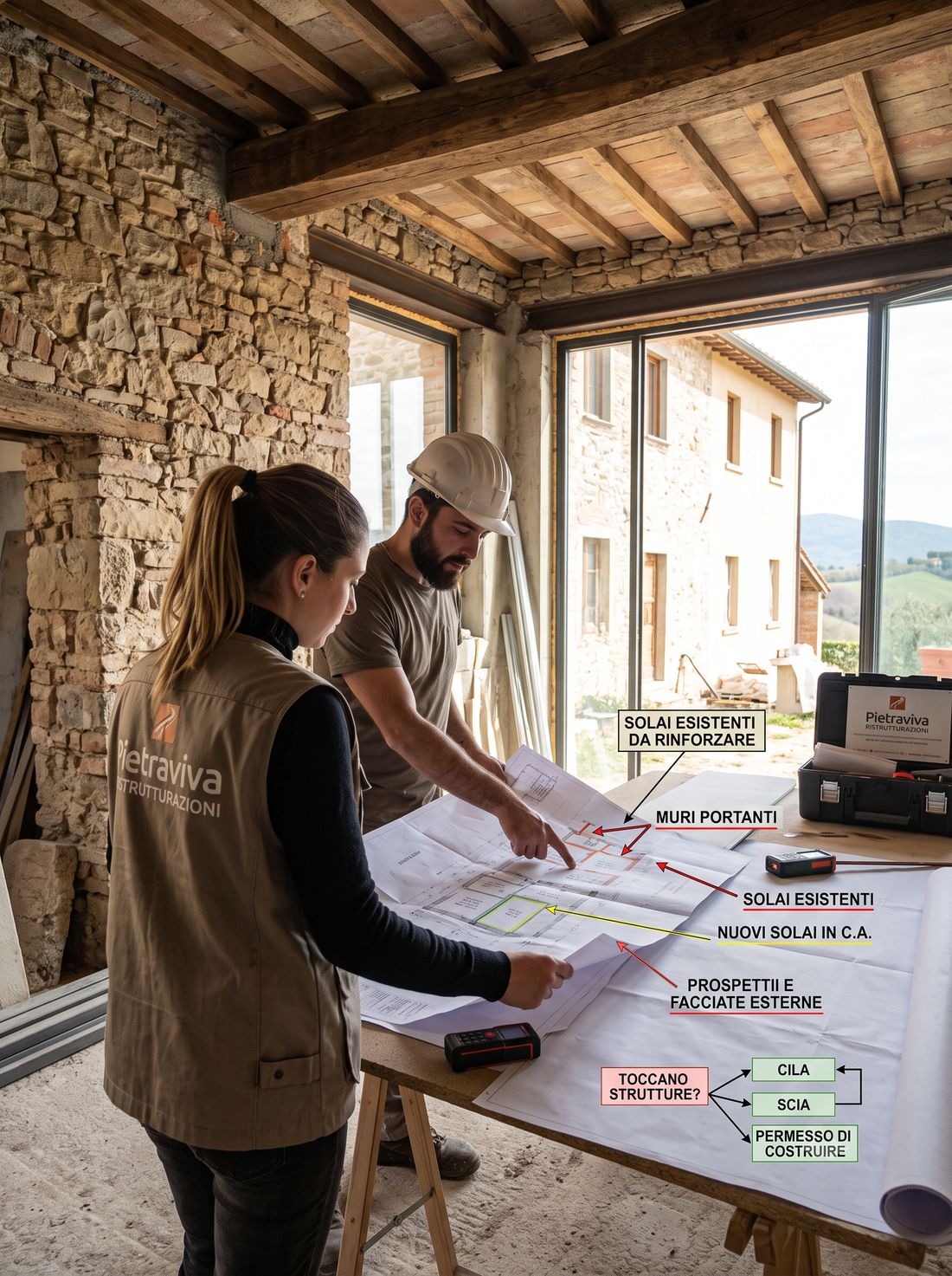 Tecnici Pietraviva analizzano il progetto: muri portanti, solai esistenti e da rinforzare, nuovi solai in c.a. e prospetti, con lo schema del titolo edilizio (CILA, SCIA o permesso di costruire)