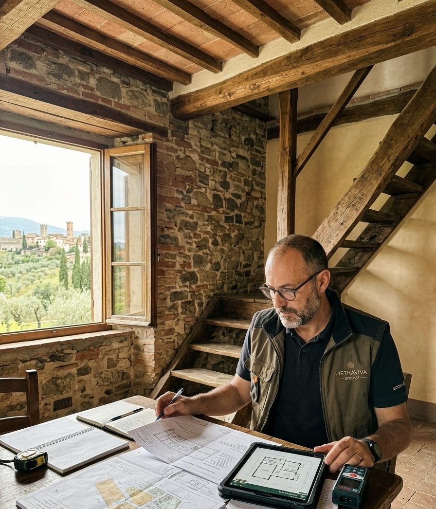 Tecnico Pietraviva esamina planimetrie e documenti durante il sopralluogo di verifica pre-acquisto in un casale in pietra, con borgo toscano oltre la finestra