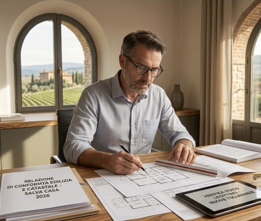 Tecnico al lavoro su planimetrie catastali e una relazione di conformità edilizia, con paesaggio toscano oltre le finestre ad arco