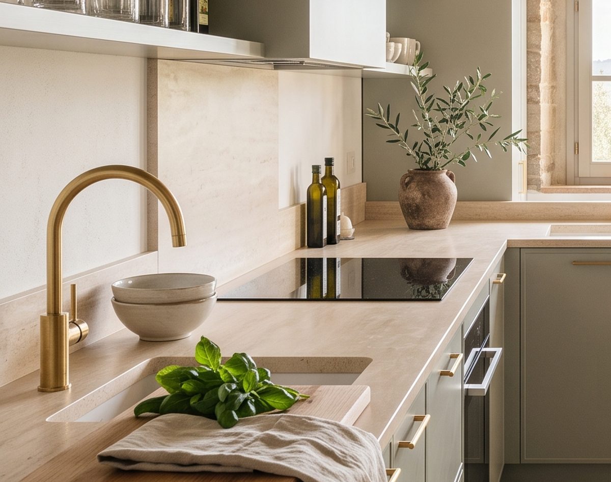 Dettaglio di rubinetteria in ottone, tagliere in legno e basilico su top in pietra, ristrutturazione cucina chiavi in mano a Lucca