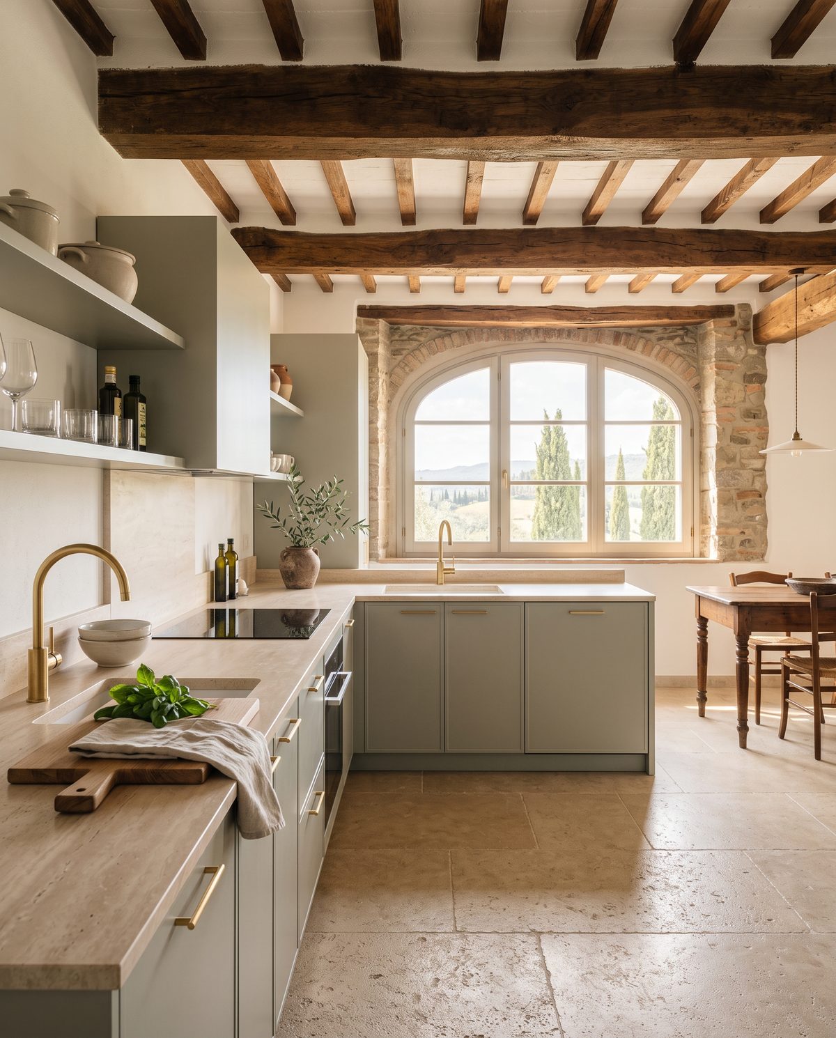 Cucina di casale toscano ristrutturata con isola centrale color salvia e dettagli in ottone