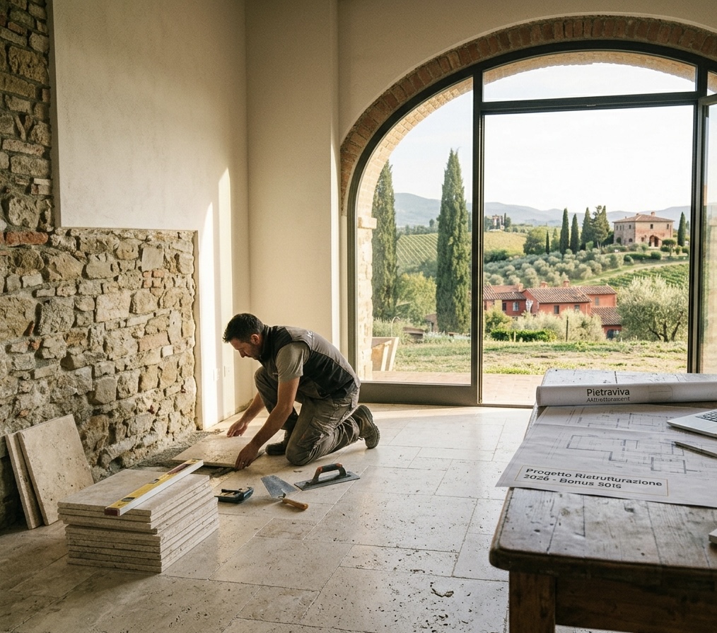 Laying a travertine floor during the renovation of a rustic Tuscan interior, with a large arched window overlooking the vineyards